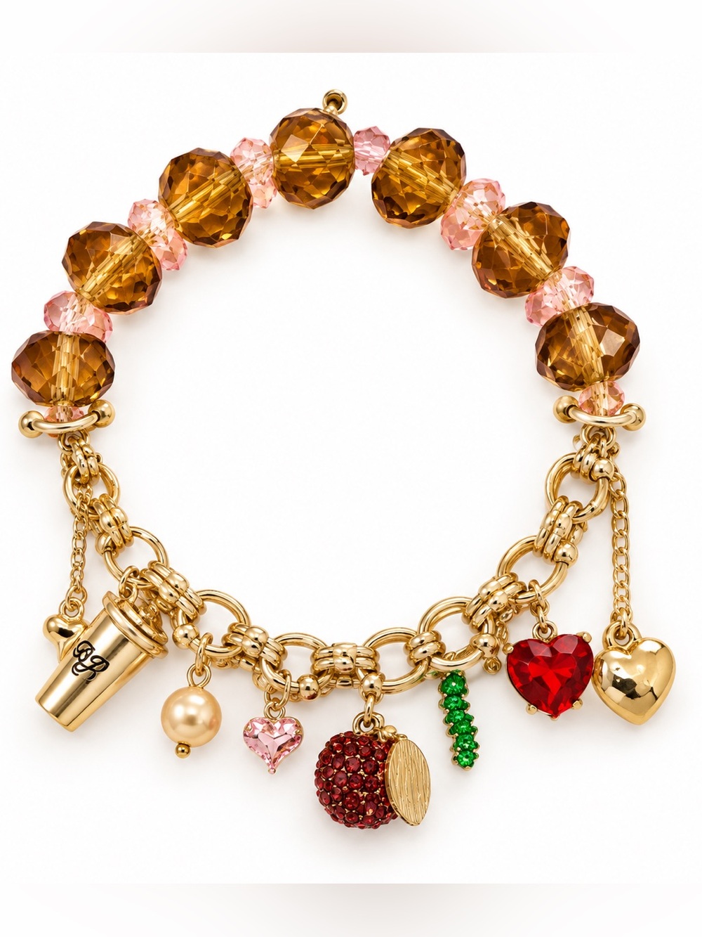 Betsey Johnson NWT Gold Tone Coffee Cup Apple Hearts Beaded Charm Bracelet Y2K